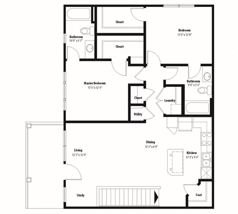 Floor plan for 2 beds, 2 baths, 1152 sqft